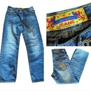 Vtg 90s FUSAI straight leg blue jeans embellished back button pockets W28 L28